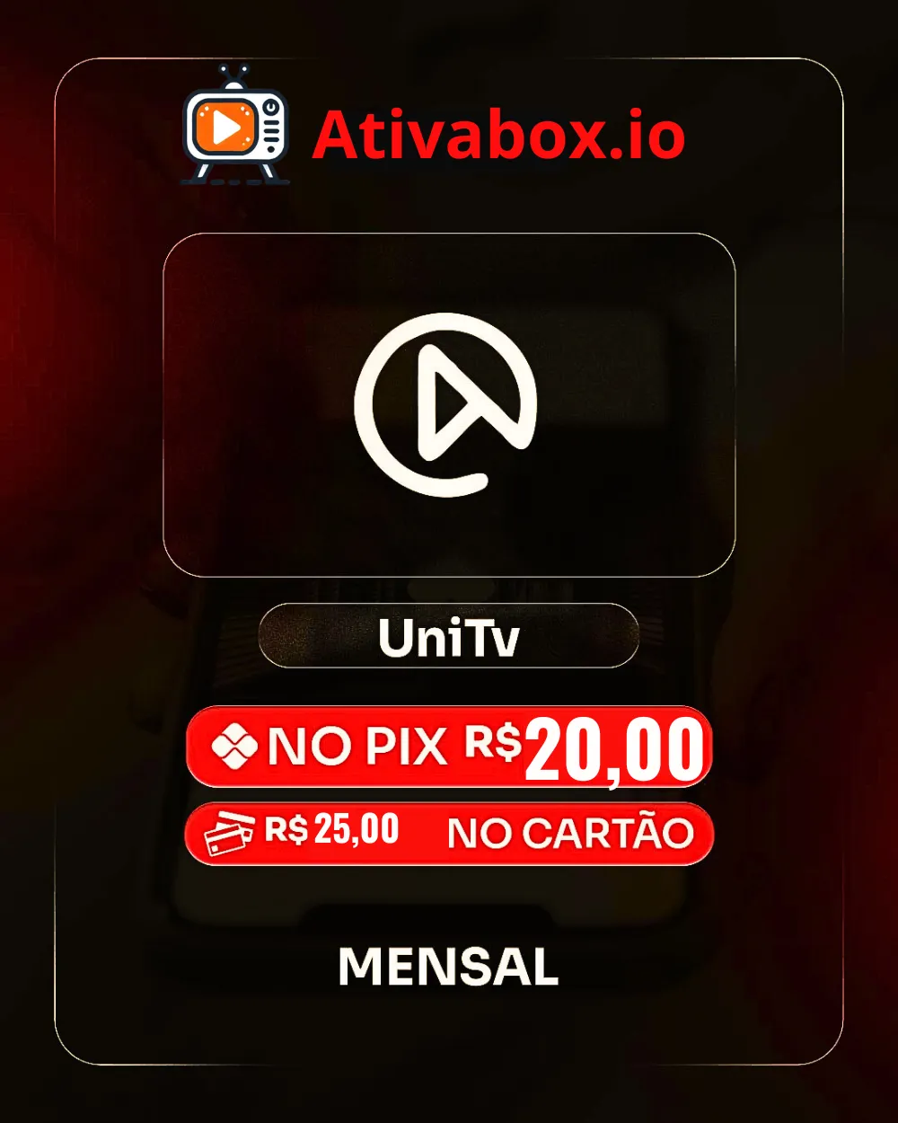 📦 Recarga Mensal Oficial Uni TV: Ative sua TV Box em Minutos A recarga mensal oficial para Uni TV é 100% compatível com qualquer TV Box Android. Com ativação rápida e suporte garantido, você mantém sua programação ativa todos os meses sem complicação. ✅ 💰 Pague R$20 no Pix (com desconto) ou R$25 no cartão de crédito. 📺 Ideal para quem quer assistir sem travamentos, com qualidade e estabilidade. 🛠️ Suporte via WhatsApp para ativação e dúvidas. 🔒 Pagamento seguro e sem burocracia. 🔗 Clique aqui para fazer sua Recarga UniTV Oficial